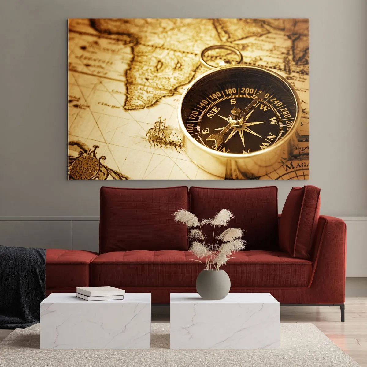 Quadro em vidro - Uma bússola dourada em um fundo de mapa antigo - 70x50cm - Oriente ou Ocidente? - Decoração de parede moderna para a sala de estar e quarto ARTTOR