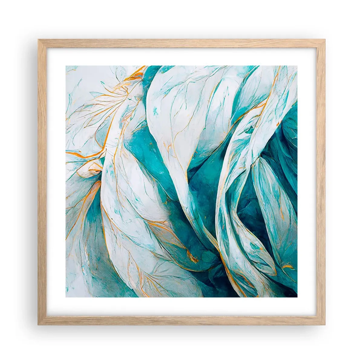 Pôster com moldura de carvalho claro - Abstração azul com lema dourado - 50x50 cm