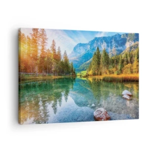 Quadro em tela - Um lago pitoresco cercado por montanhas e florestas - 70x50cm - A suavidade do outono - Decoração de parede moderna para a sala de estar e quarto ARTTOR