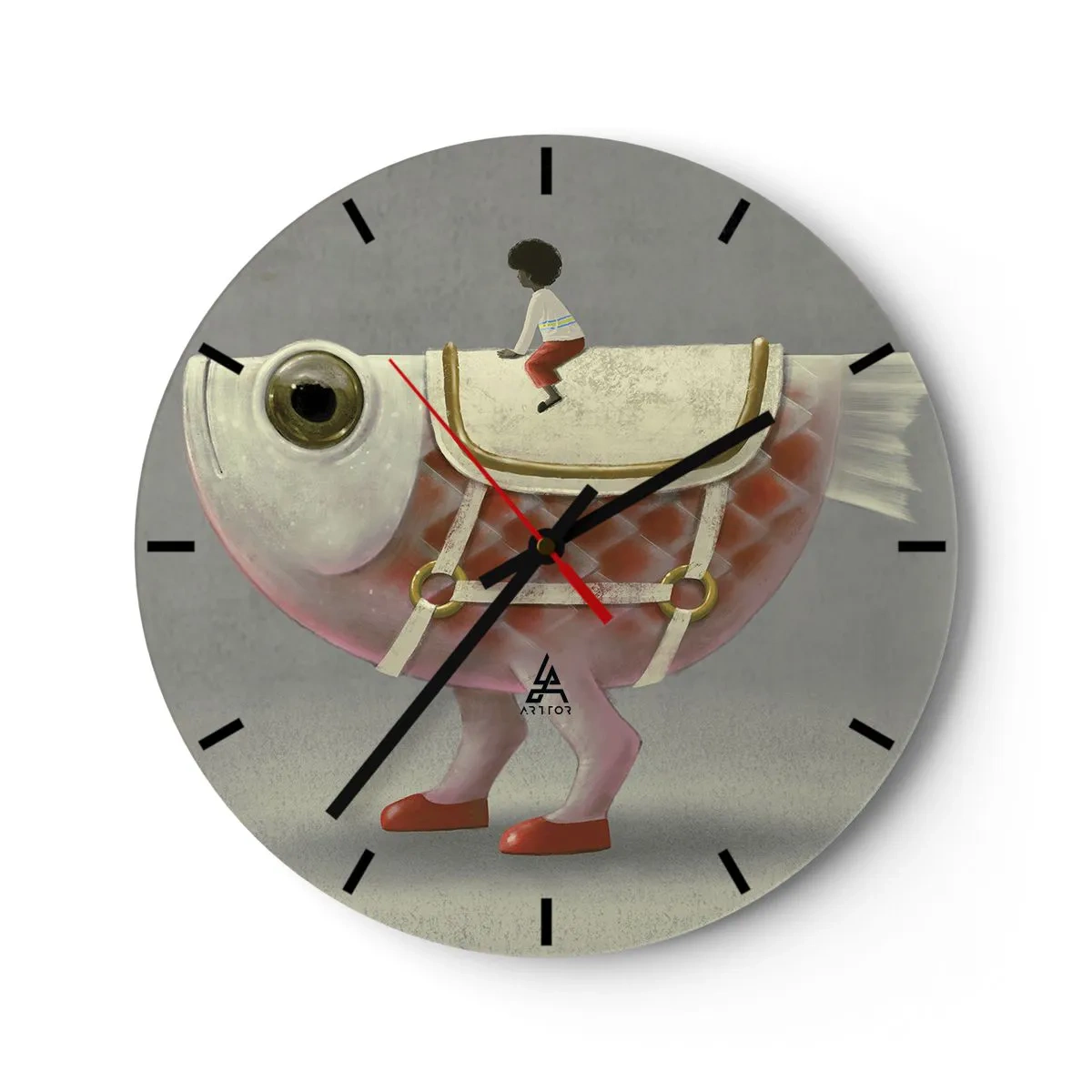 Relógio de parede - Relógio em vidro - Uma figura em um peixe grande com uma sela e botas em um fundo cinza - 30x30cm - O cavaleiro Peixoso - Decoração de parede moderna para a sala de estar, cozinha e quarto ARTTOR