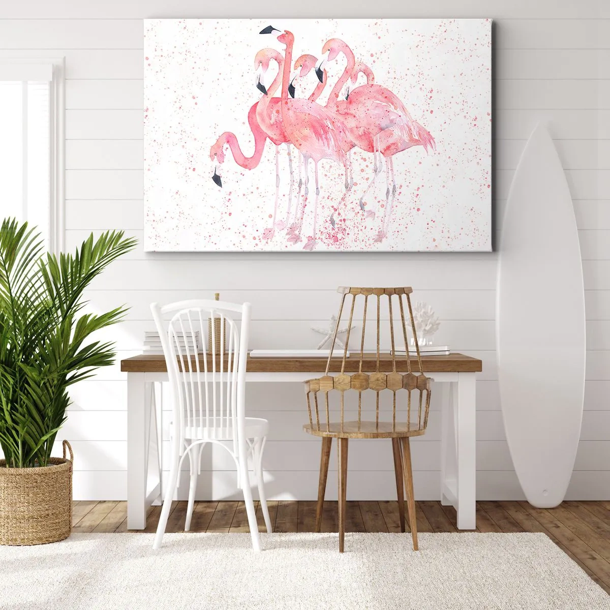 Quadro em tela - Flamingos cor de rosa em estilo artístico de aquarela - 70x50cm - Conjunto cor-de-rosa - Decoração de parede moderna para a sala de estar e quarto ARTTOR