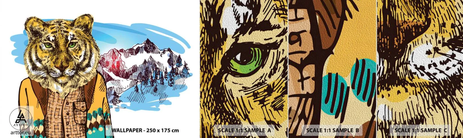 Amostra de papel de parede Premium Sand - Não tão selvagem como dizzem - Abstração, Tigre, Montanhas - 100x30 cm