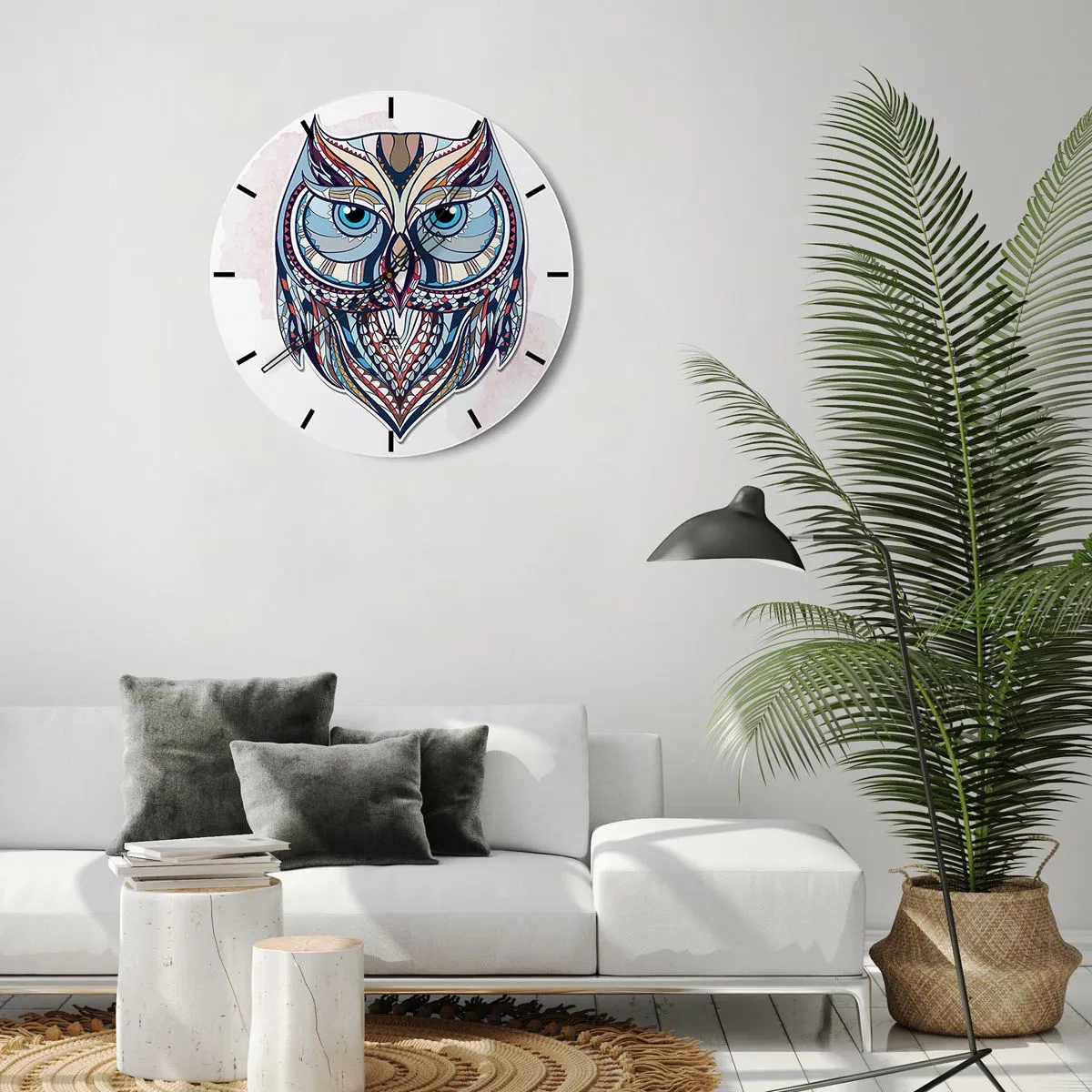 Relógio de parede - Relógio em vidro - Coruja colorida em estilo geométrico sobre fundo branco - 30x30cm - Coruja ornamental requintada - Decoração de parede moderna para a sala de estar, cozinha e quarto ARTTOR