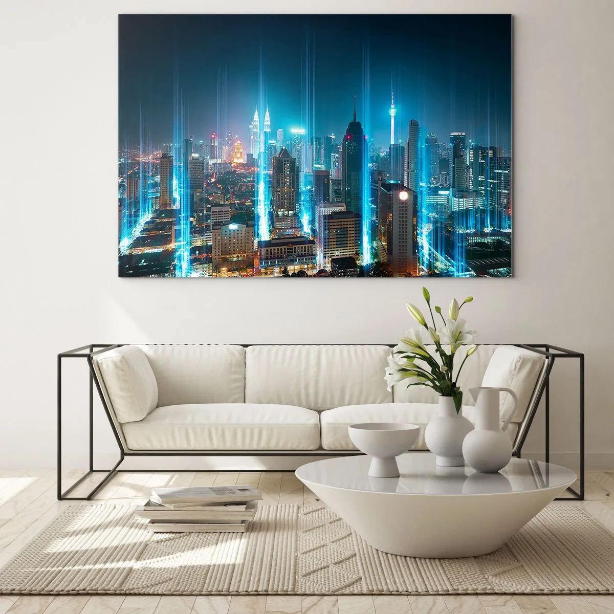 Quadro em vidro - Uma cidade noturna com prédios altos e raios de luz - 70x50cm - De Berlim para o céu - Decoração de parede moderna para a sala de estar e quarto ARTTOR