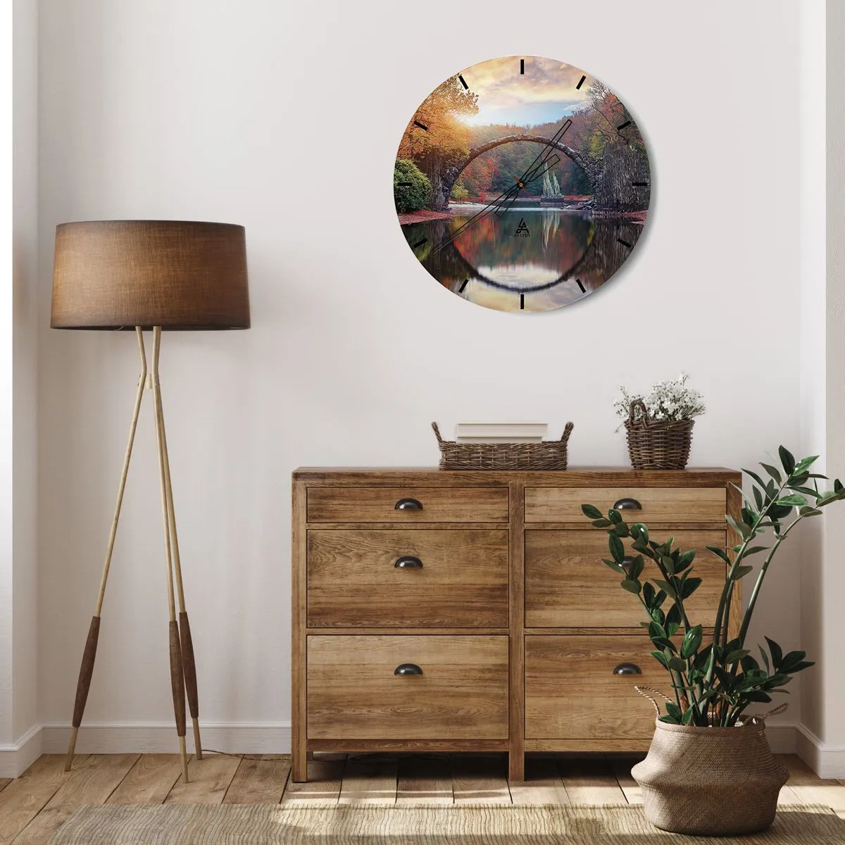 Relógio de parede - Relógio em vidro - Uma ponte em arco de pedra refletida na água cria um círculo - 30x30cm - Do outro lado do espelho - Decoração de parede moderna para a sala de estar, cozinha e quarto ARTTOR