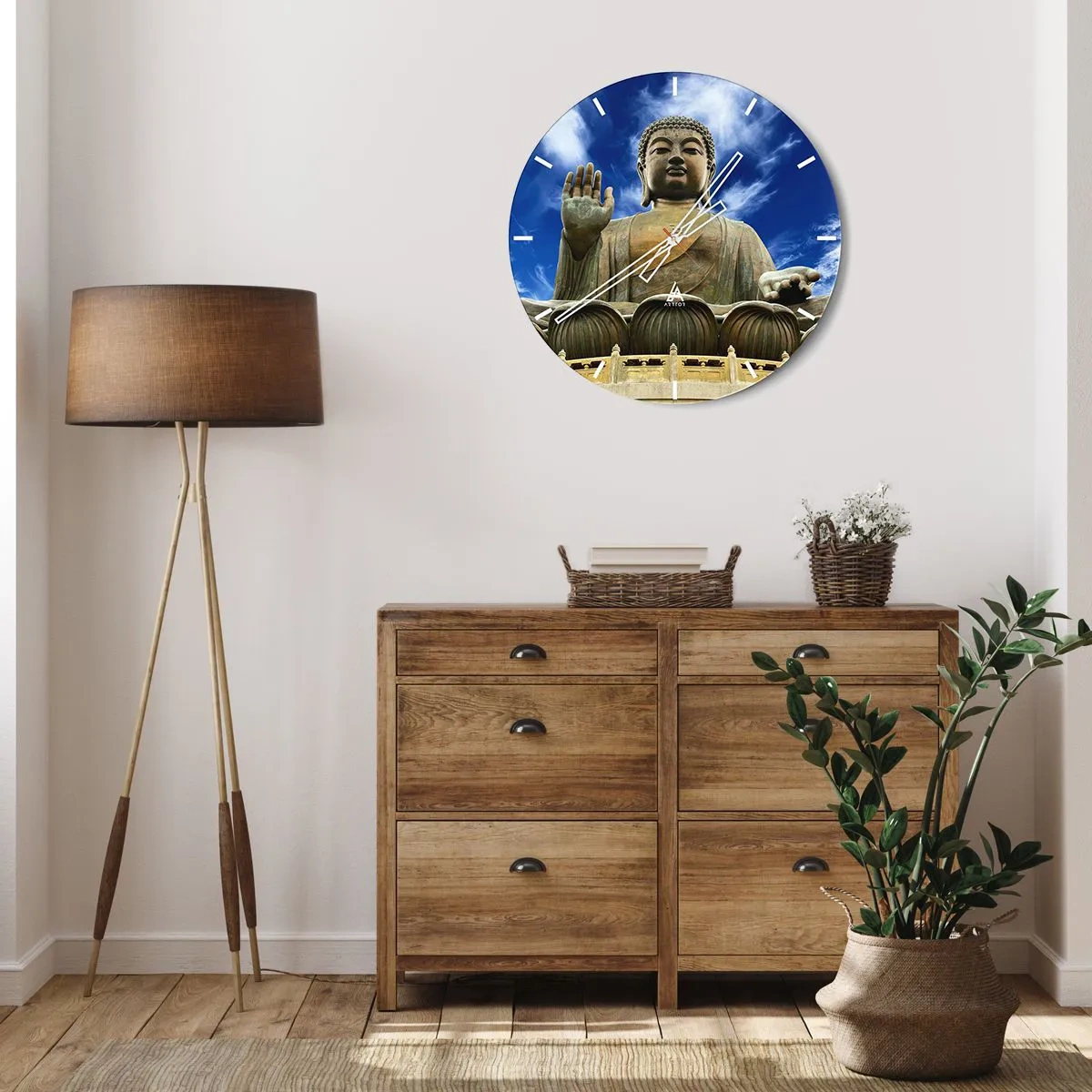 Relógio de parede - Relógio em vidro - Uma estátua monumental de Buda contra o céu azul - 30x30cm - Viva sem medo - Decoração de parede moderna para a sala de estar, cozinha e quarto ARTTOR