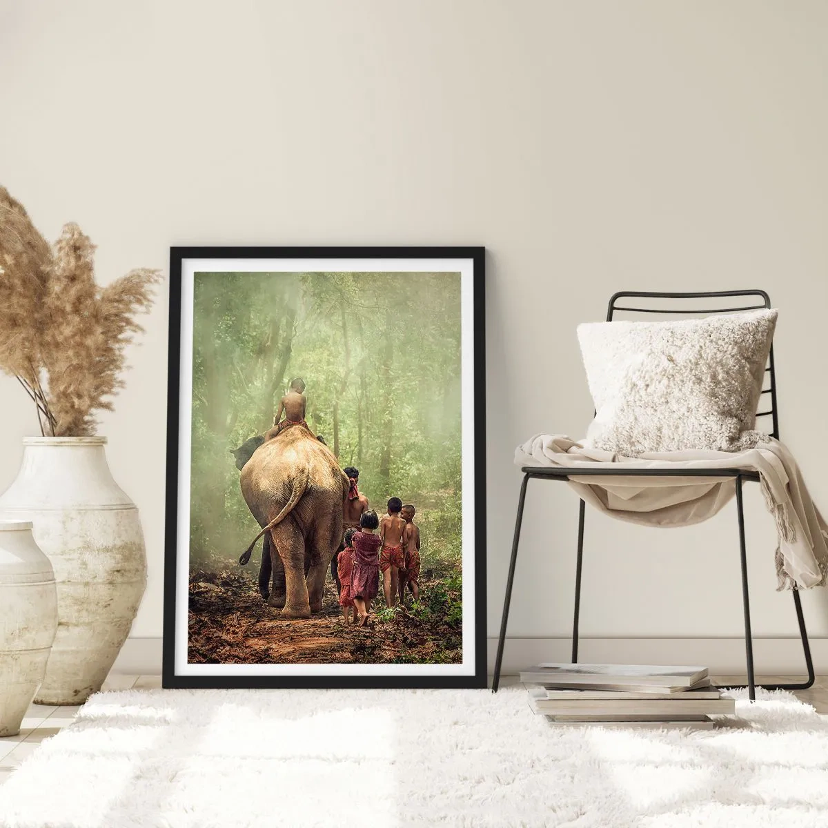 Pôster com moldura preta - Crianças e um elefante na floresta tropical - 50x70cm - Novo Livro da Selva - Decoração de parede moderna para a sala de estar e quarto ARTTOR