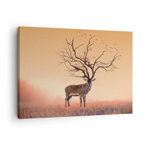 Quadro em tela - Um gráfico de veado sofisticado com galhos em vez de chifres - 70x50cm - Cervo - o espírito eterno da floresta - Decoração de parede moderna para a sala de estar e quarto ARTTOR