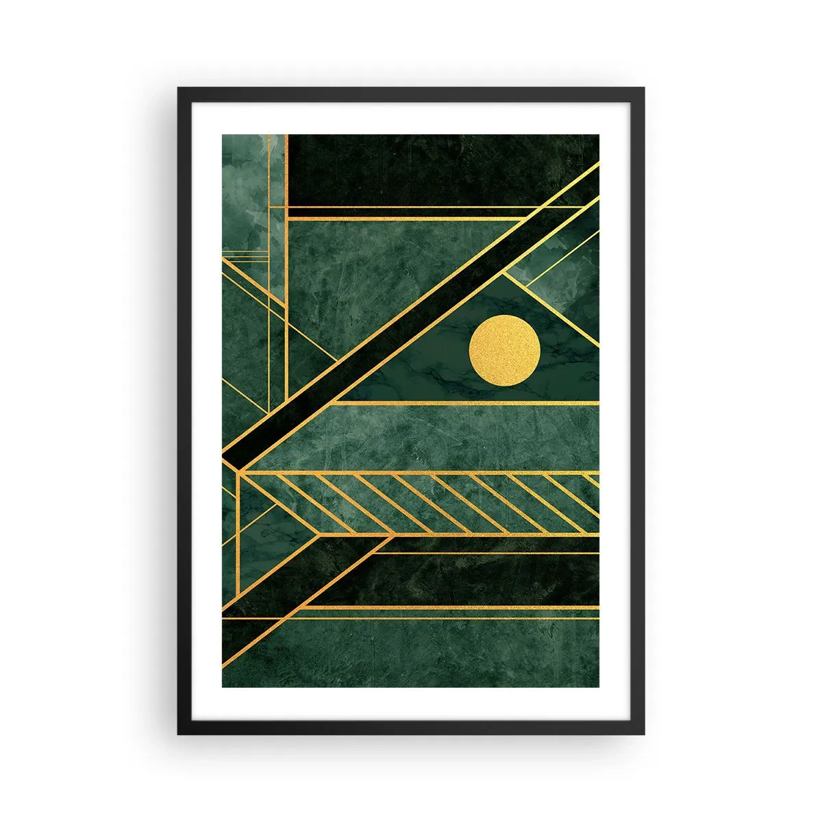Pôster com moldura preta - Abstração geométrica em verde com detalhes dourados - 50x70cm - A dinâmica do ouro e do azul - Decoração de parede moderna para a sala de estar e quarto ARTTOR