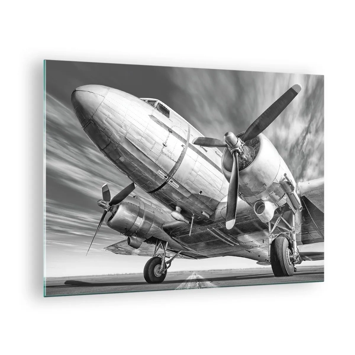 Quadro em vidro - Um avião a hélice preto e branco na pista - 70x50cm - Sempre pronto a voar - Decoração de parede moderna para a sala de estar e quarto ARTTOR