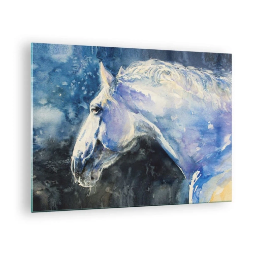 Quadro em vidro - Retrato em aquarela de um cavalo em tons de azul - 70x50cm - Retrato com um brilho azul - Decoração de parede moderna para a sala de estar e quarto ARTTOR