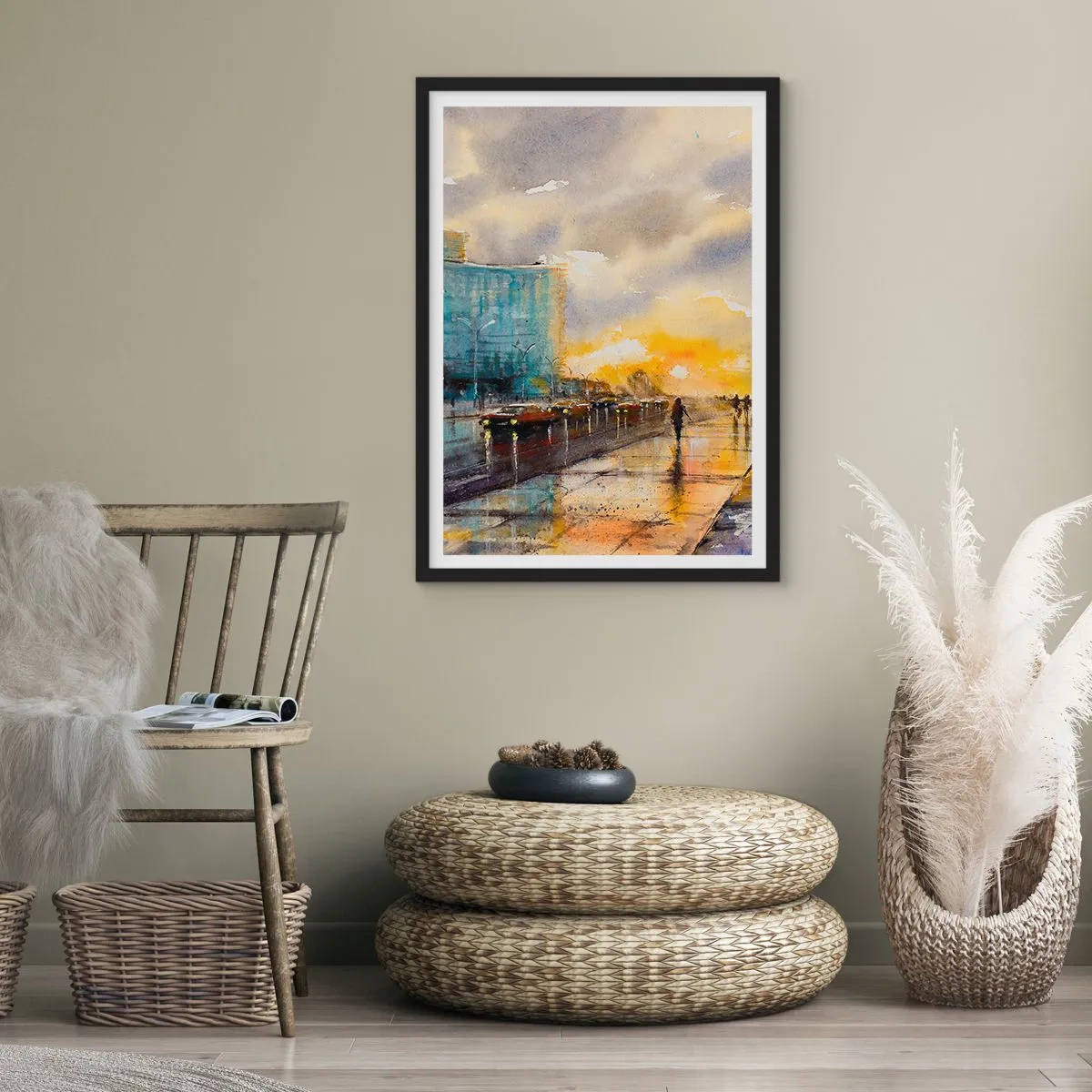 Pôster com moldura preta - Uma rua pitoresca na chuva ao pôr do sol - 50x70cm - A vida na costa - Decoração de parede moderna para a sala de estar e quarto ARTTOR