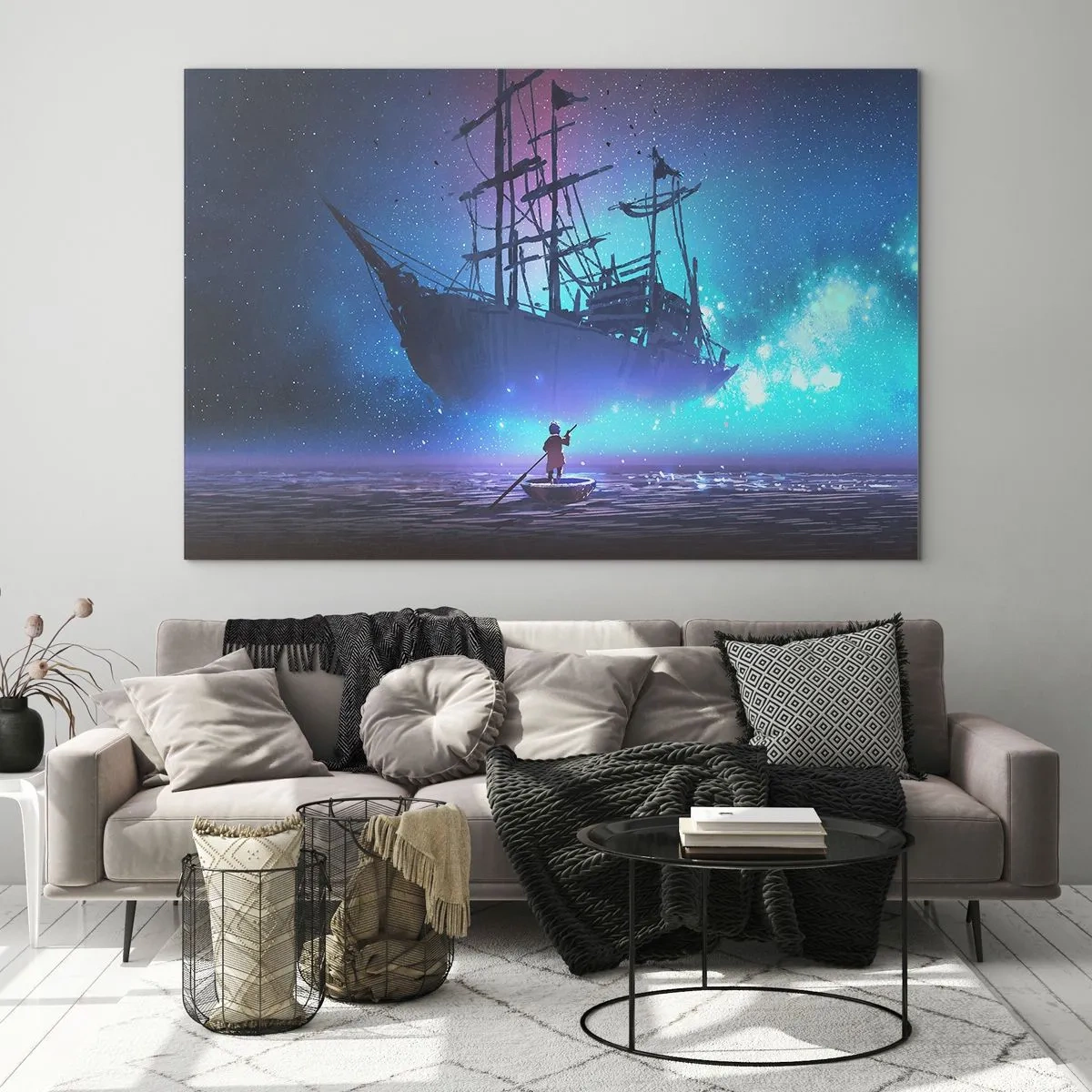 Quadro em vidro - Um navio noturno flutuando sobre a água em uma aura mágica - 70x50cm - Um encontro com o mito do mar - Decoração de parede moderna para a sala de estar e quarto ARTTOR