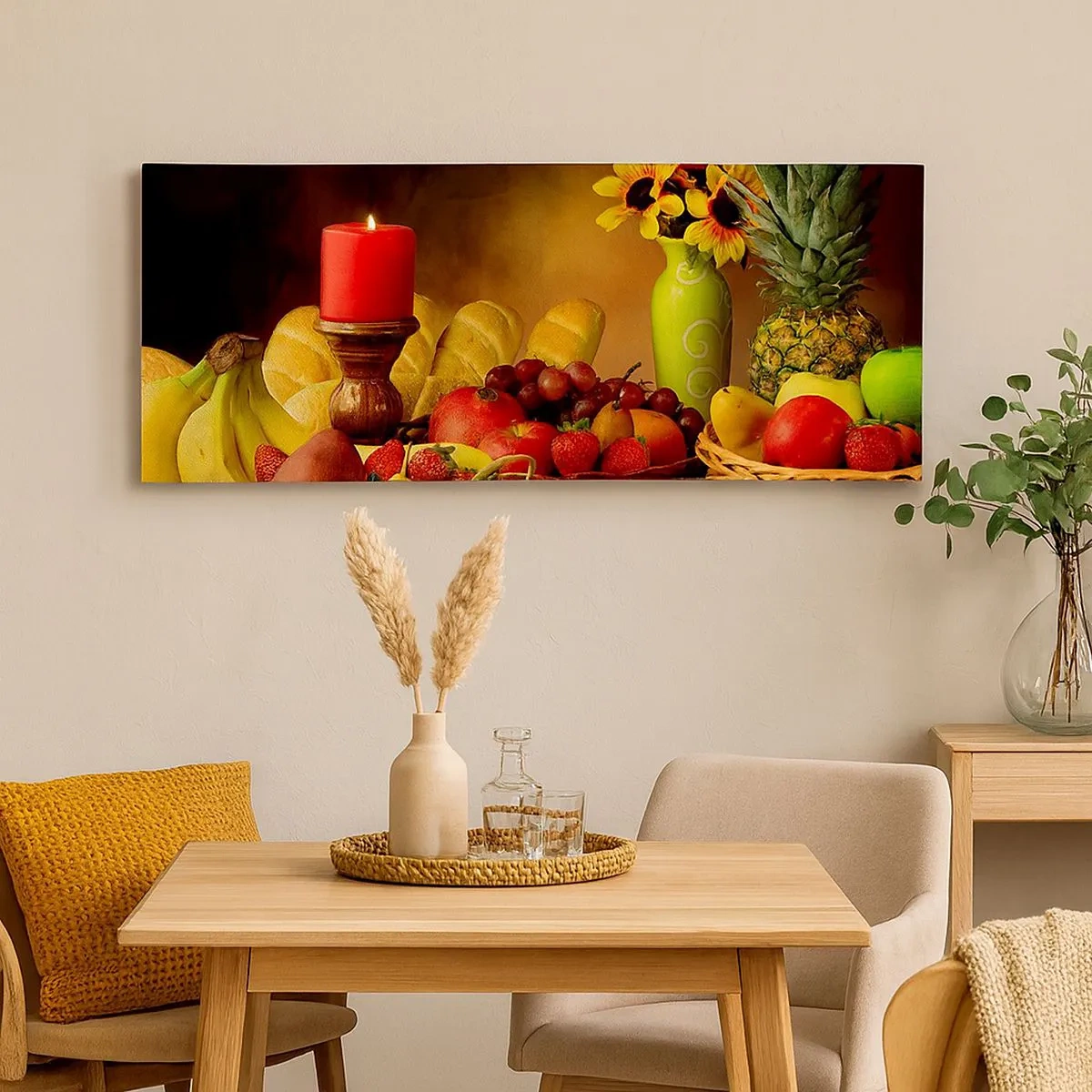 Quadro em tela - Natureza morta com pão e fruta - 100x40 cm