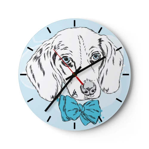 Relógio de parede - Relógio em vidro - Desenho artístico de um cachorro com uma gravata borboleta azul sobre um fundo claro - 30x30cm - Elegância canina - Decoração de parede moderna para a sala de estar, cozinha e quarto ARTTOR