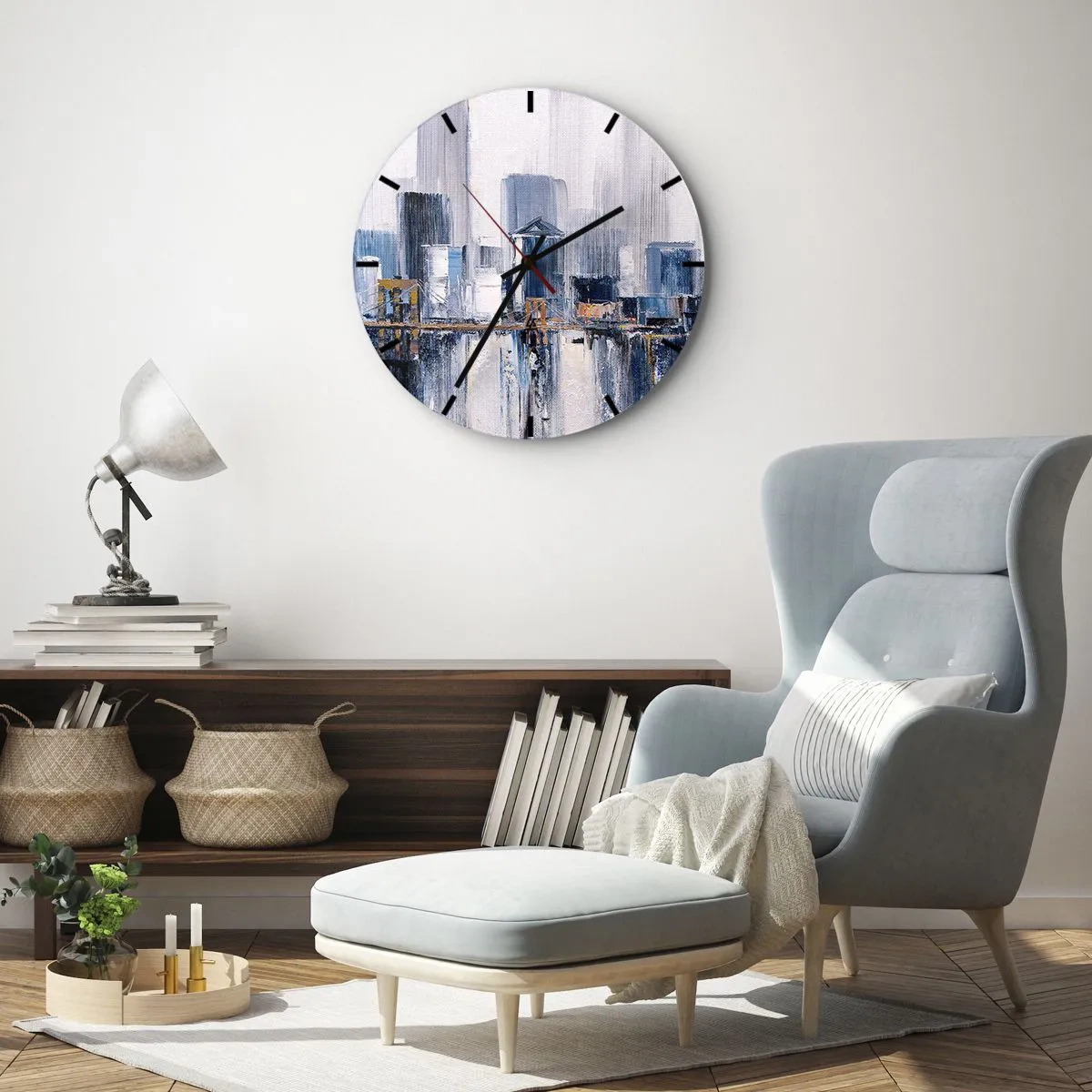 Relógio de parede - Relógio em vidro - Panorama impressionista da cidade com arranha-céus e uma ponte - 30x30cm - Impressão de Nova York - Decoração de parede moderna para a sala de estar, cozinha e quarto ARTTOR