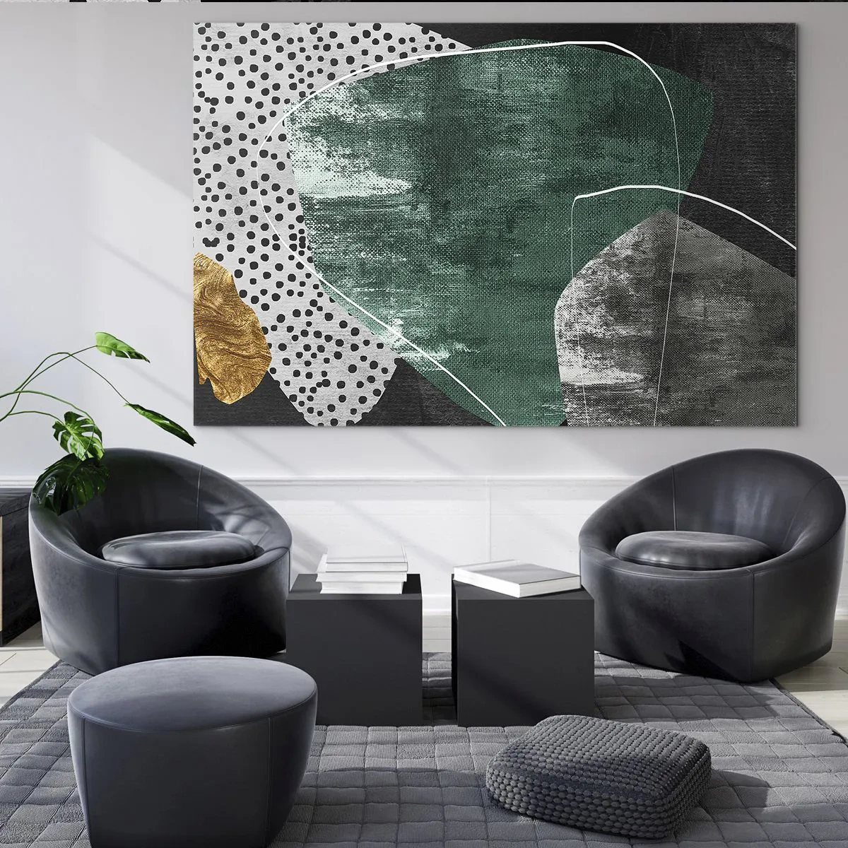 Quadro em vidro - Formas verdes com fundo preto e detalhes dourados - 70x50cm - Abstração colorida com folha de ouro - Decoração de parede moderna para a sala de estar e quarto ARTTOR