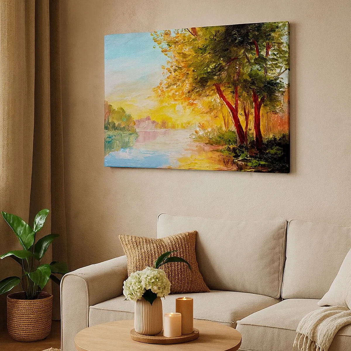 Quadro em tela - Uma paisagem pitoresca com um rio e árvores ao pôr do sol - 70x50cm - Et in Arcadia ego - Decoração de parede moderna para a sala de estar e quarto ARTTOR