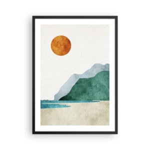 Pôster com moldura preta - Paisagem montanhosa minimalista com praia e sol - 50x70cm - Paisagem como deveria ser - Decoração de parede moderna para a sala de estar e quarto ARTTOR
