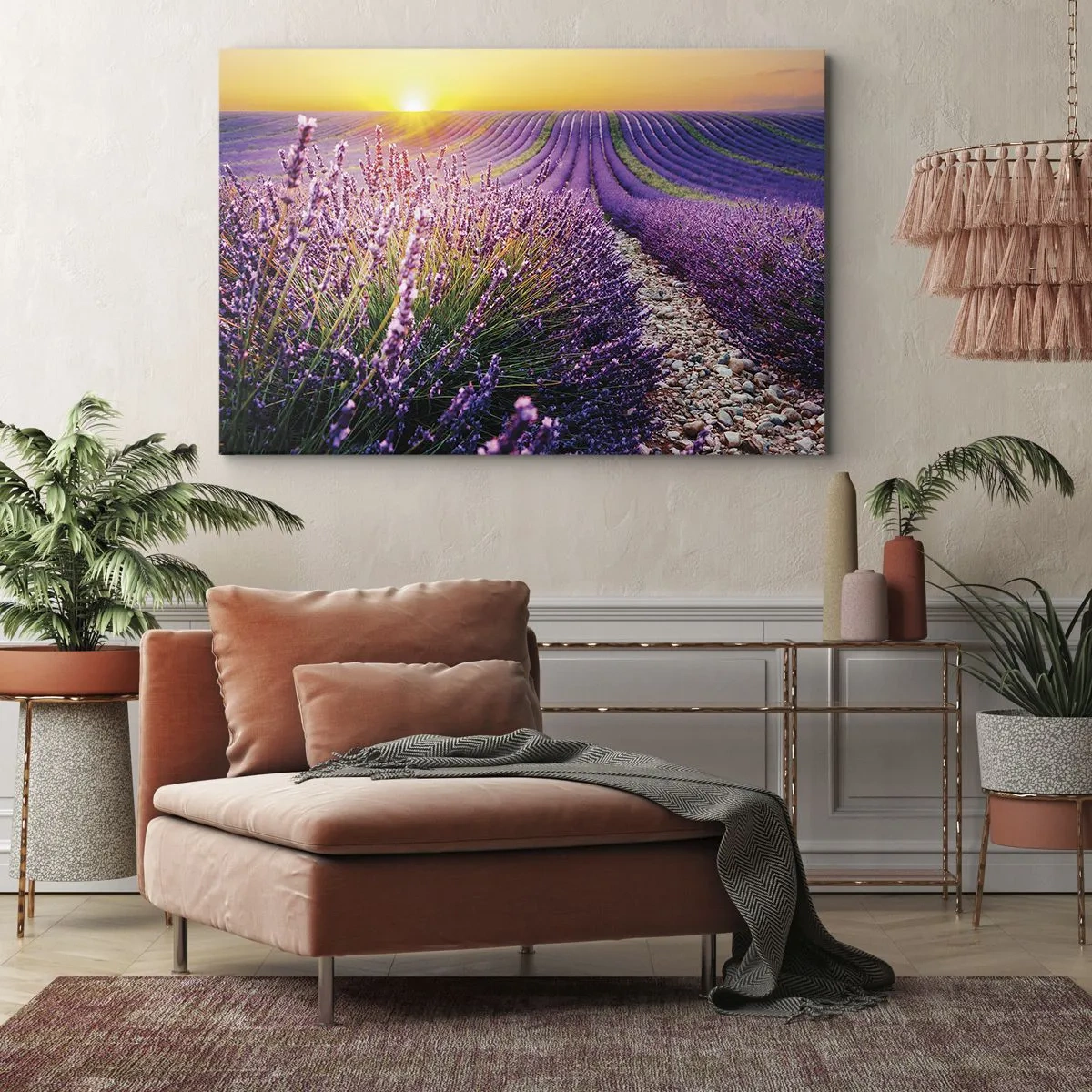 Quadro em tela - Campo de lavanda ao pôr do sol - 70x50cm - Prado perfumado - Decoração de parede moderna para a sala de estar e quarto ARTTOR