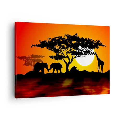 Quadro em tela - Pôr do sol africano com silhuetas de elefantes e girafas sobre a água - 70x50cm - Encontro na savana - Decoração de parede moderna para a sala de estar e quarto ARTTOR