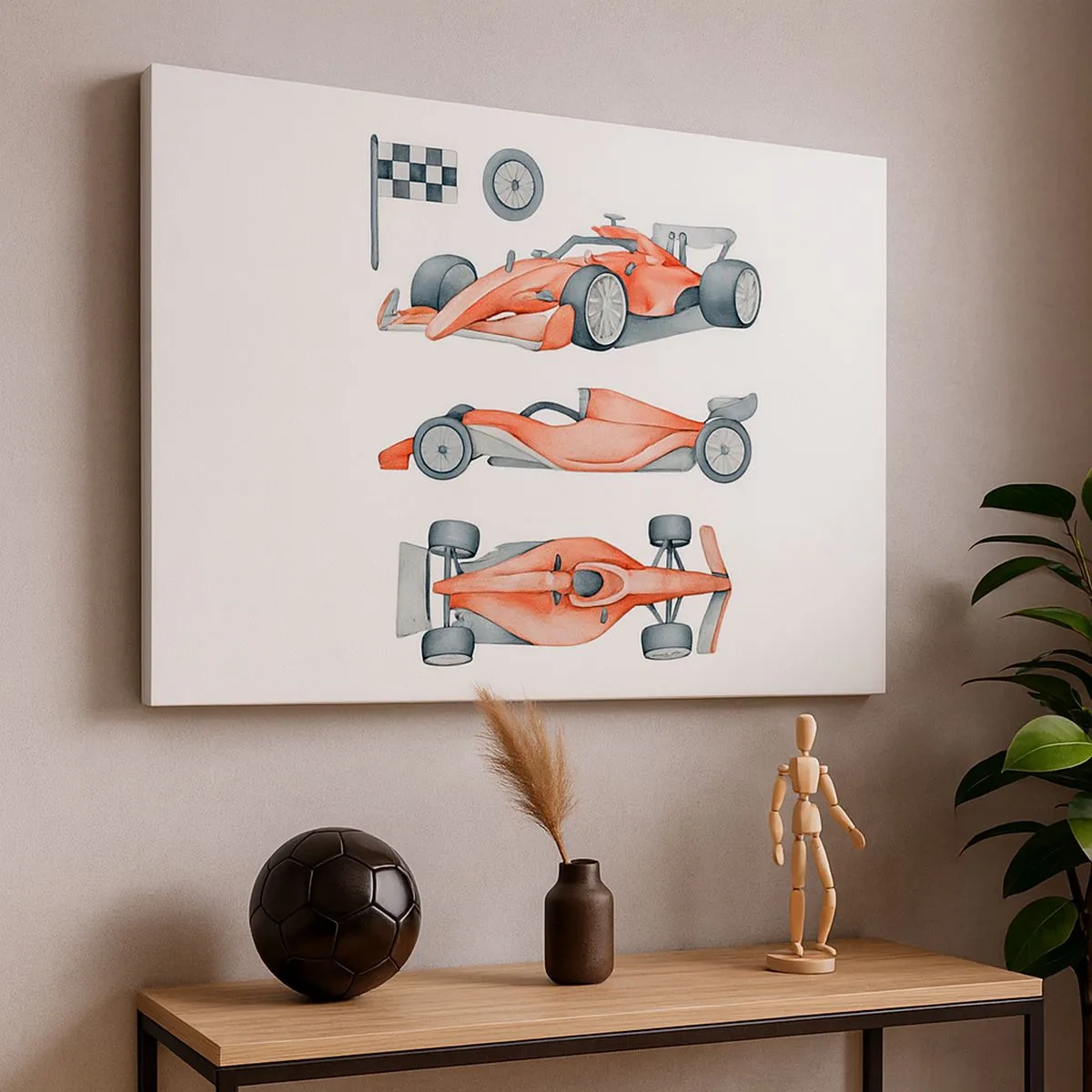 Quadro em tela - Um carro de corrida vermelho com uma bandeira quadriculada - 70x50cm - Persiga seu sonho - Decoração de parede moderna para a sala de estar e quarto ARTTOR