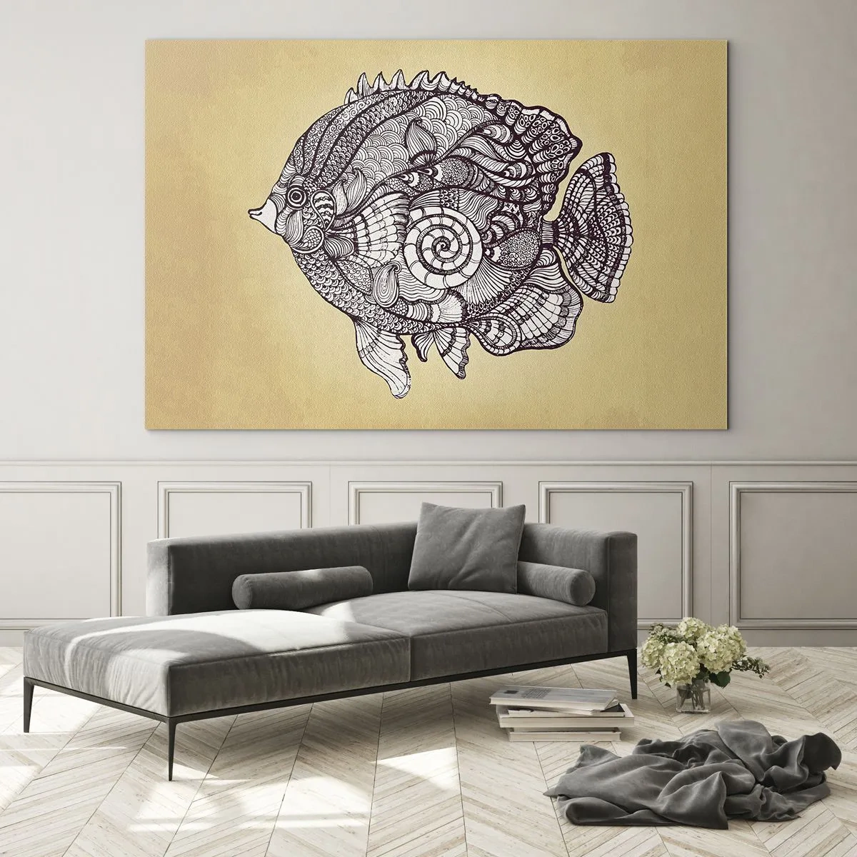 Quadro em vidro - Um peixe de desenho animado com enfeites em um fundo bege - 70x50cm - De um oceano de enfeites - Decoração de parede moderna para a sala de estar e quarto ARTTOR