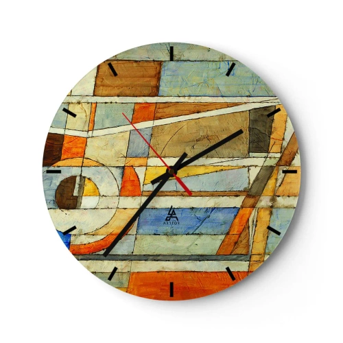 Relógio de parede - Relógio em vidro - Padrão abstrato com cores laranja, bege e azul - 30x30cm - Cubismo em construção - Decoração de parede moderna para a sala de estar, cozinha e quarto ARTTOR