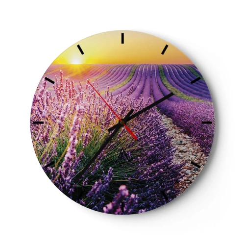 Relógio de parede - Relógio em vidro - Campo de lavanda ao pôr do sol com um caminho rochoso - 30x30cm - Prado perfumado - Decoração de parede moderna para a sala de estar, cozinha e quarto ARTTOR