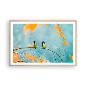 Pôster com moldura de carvalho claro - Fofoca de pássaros - 91x61 cm