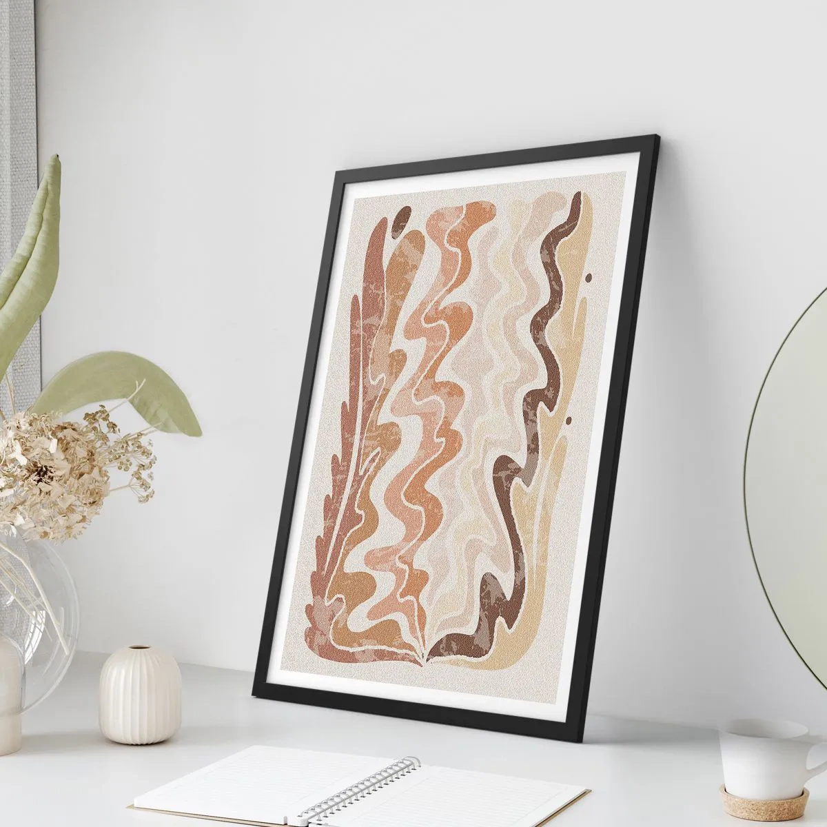 Pôster com moldura preta - Uma composição abstrata em tons quentes de bege. - 50x70cm - Boa energia – boas emoções - Decoração de parede moderna para a sala de estar e quarto ARTTOR