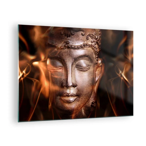 Quadro em vidro - O rosto nebuloso do Buda em tons quentes de dourado e marrom - 70x50cm - Só existe o aqui e agora - Decoração de parede moderna para a sala de estar e quarto ARTTOR
