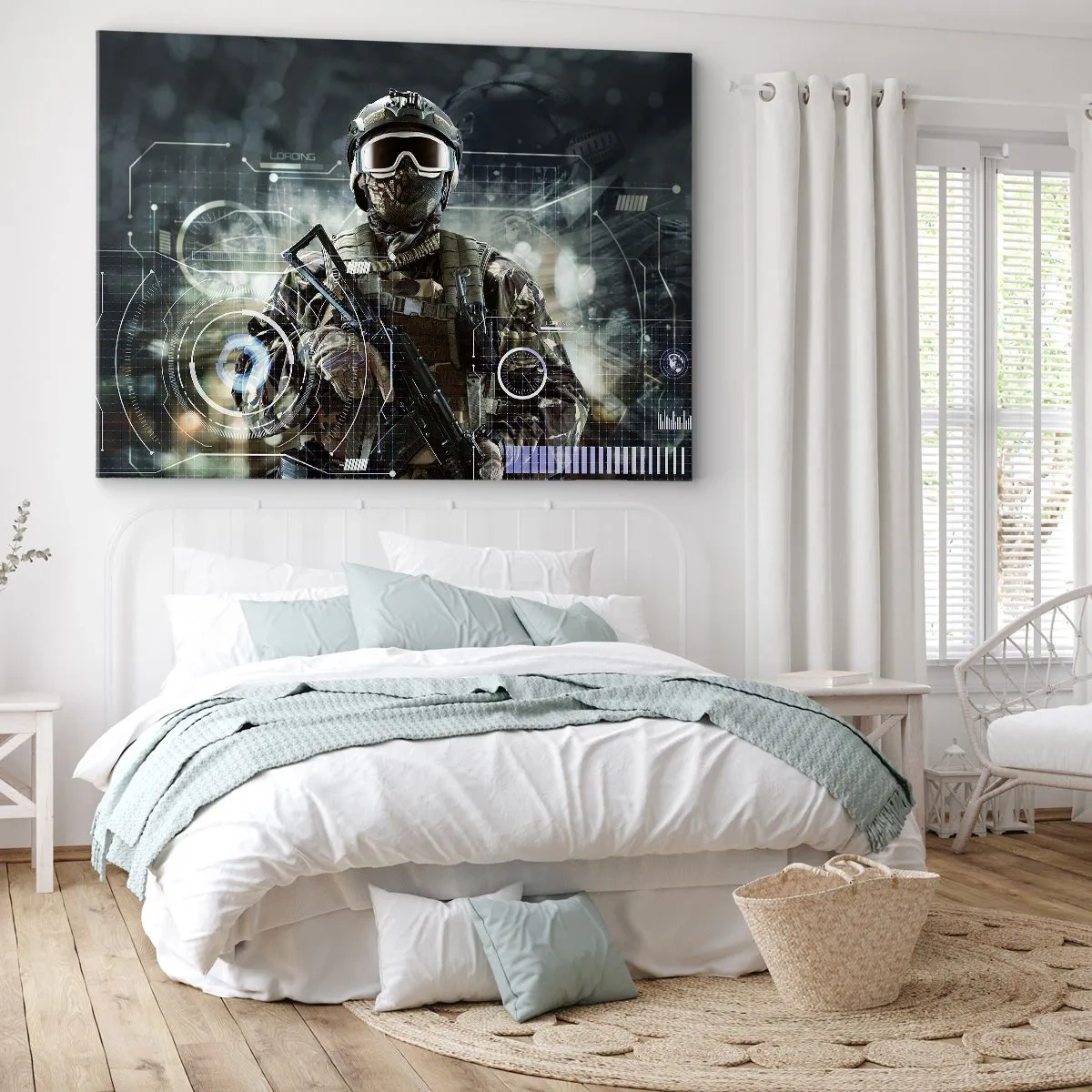Quadro em tela - Um soldado com um capacete futurista e uma arma em meio à tecnologia. - 70x50cm - Poder para poder - Decoração de parede moderna para a sala de estar e quarto ARTTOR