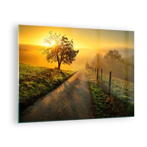 Quadro em vidro - Uma estrada através de uma paisagem rural ao pôr do sol - 70x50cm - Uma tarde agradável - Decoração de parede moderna para a sala de estar e quarto ARTTOR