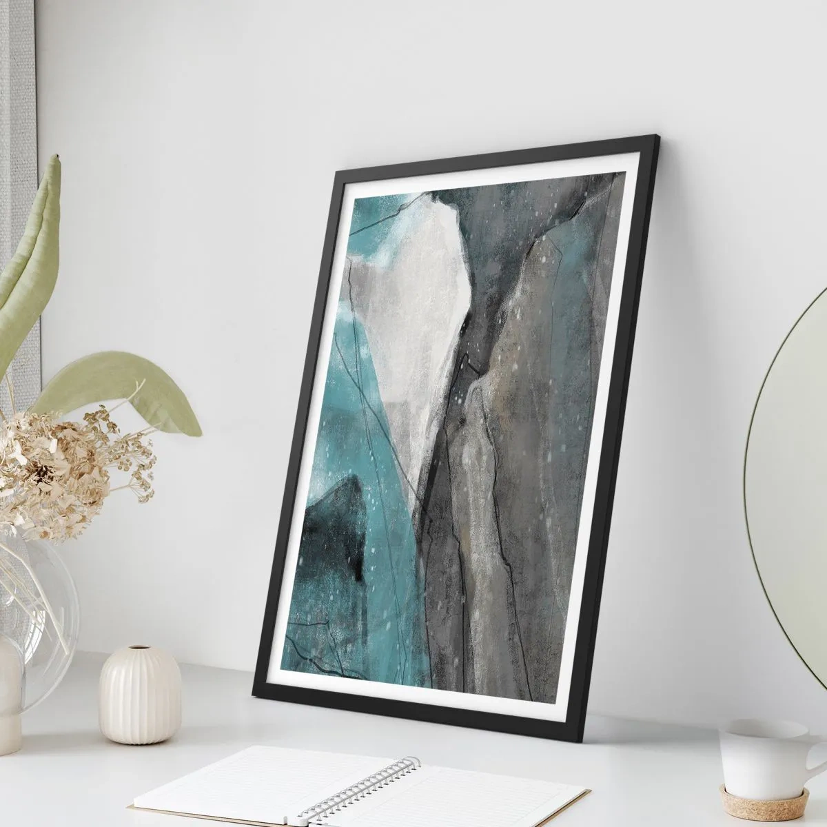 Pôster com moldura preta - Uma composição abstrata inspirada em uma paisagem montanhosa - 50x70cm - Resumo: rochas e gelo - Decoração de parede moderna para a sala de estar e quarto ARTTOR