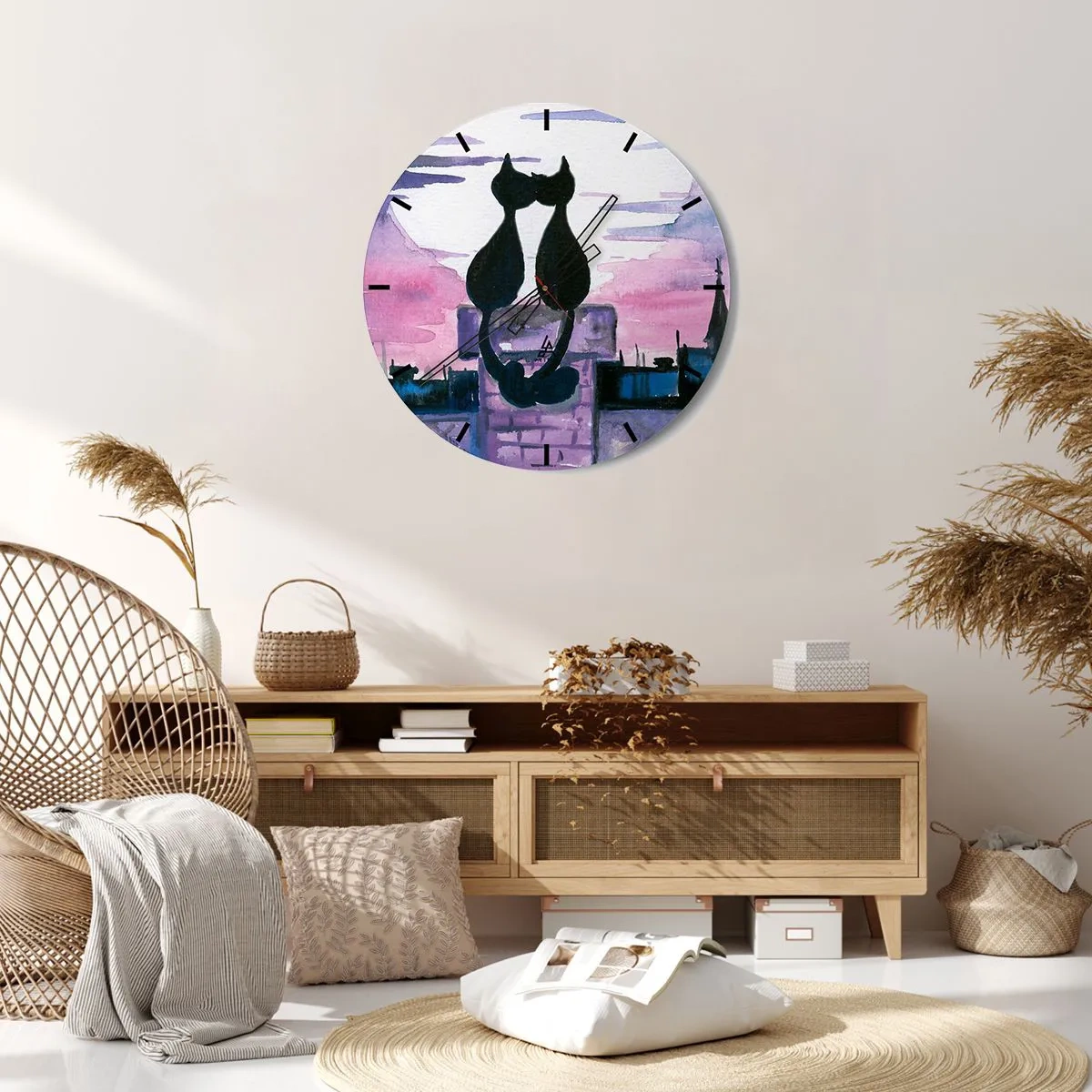 Relógio de parede - Relógio em vidro - Silhuetas de dois gatos contra o céu rosa - 30x30cm - Rendez-vous sob a lua - Decoração de parede moderna para a sala de estar, cozinha e quarto ARTTOR
