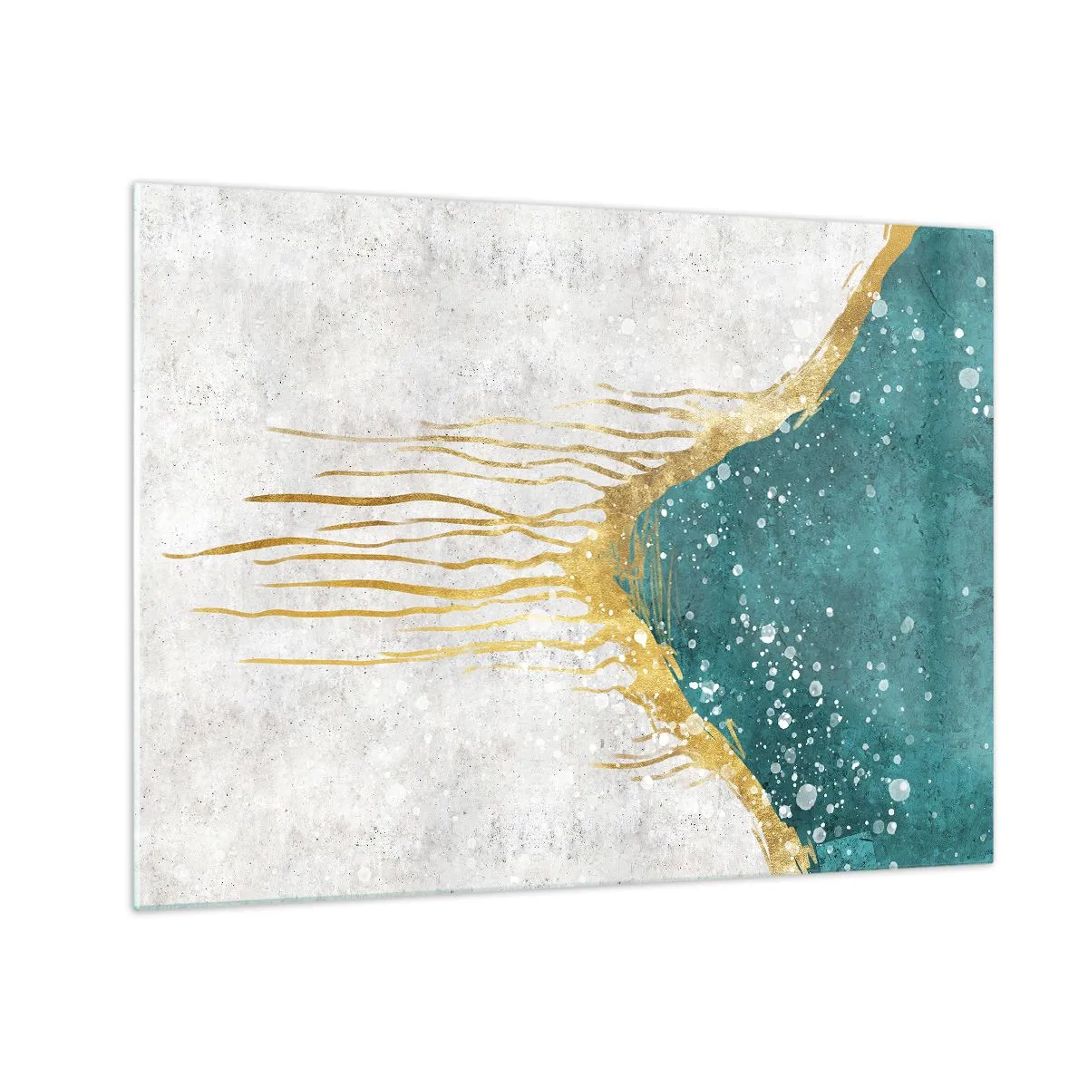 Quadro em vidro - Padrão dourado abstrato em fundo turquesa e branco - 70x50cm - Maré Dourada - Decoração de parede moderna para a sala de estar e quarto ARTTOR