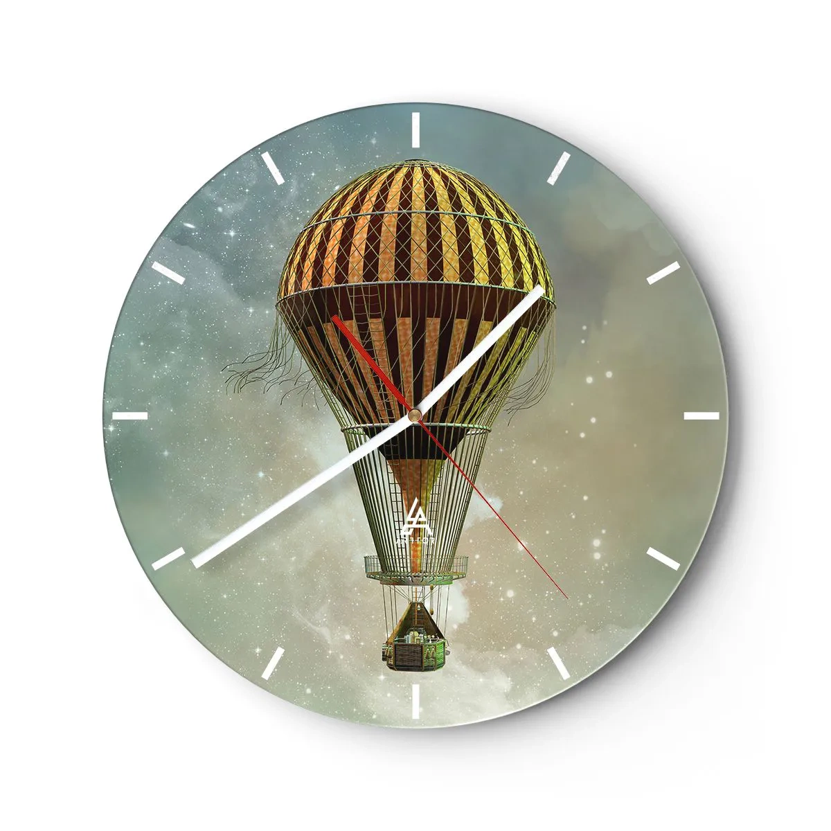 Relógio de parede - Relógio em vidro - Um balão estilizado flutuando acima de um céu estrelado com um toque retrô. - 30x30cm - Voos pioneiros - Decoração de parede moderna para a sala de estar, cozinha e quarto ARTTOR