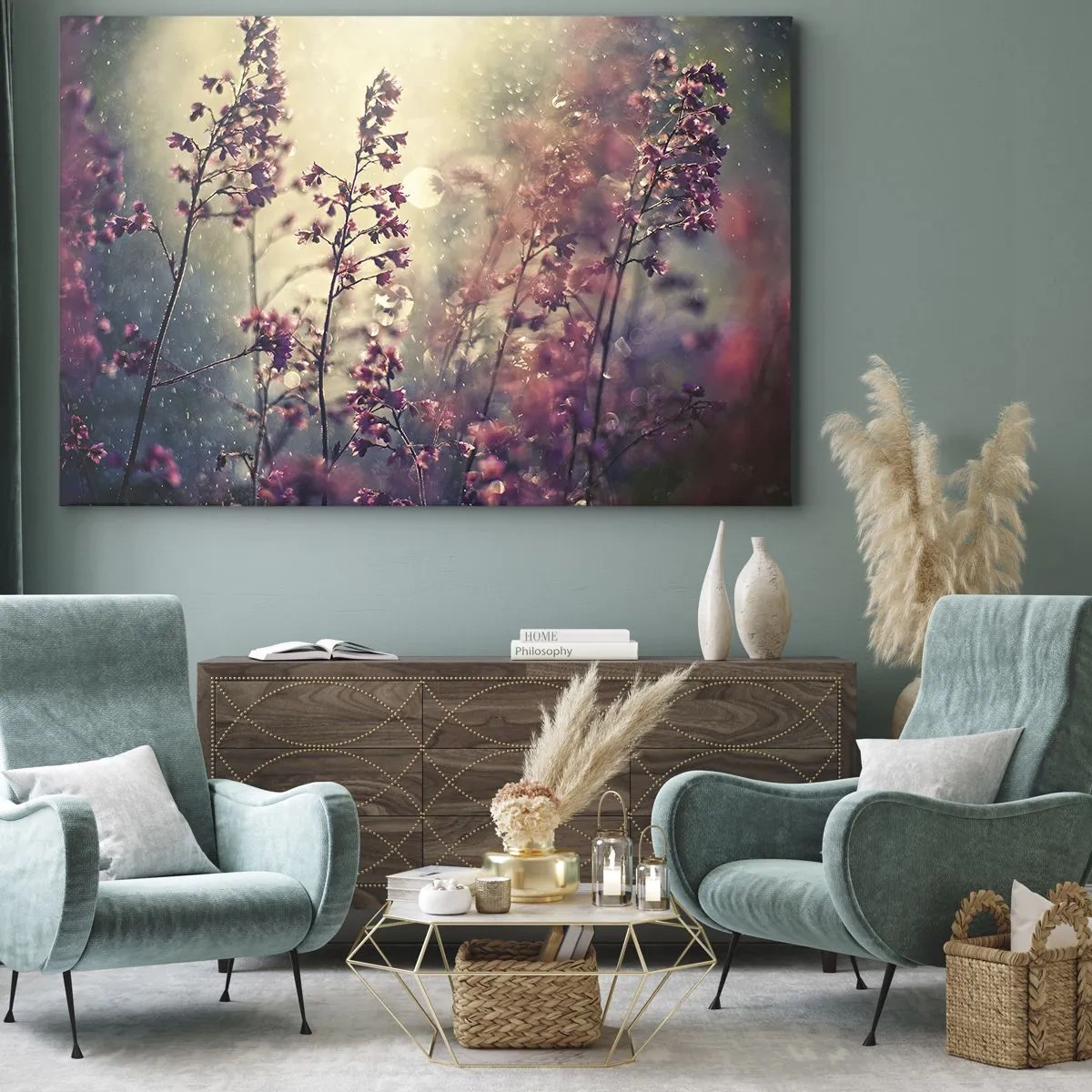 Quadro em tela - Flores ao sol com a natureza como pano de fundo - 70x50cm - Jardim Secreto - Decoração de parede moderna para a sala de estar e quarto ARTTOR