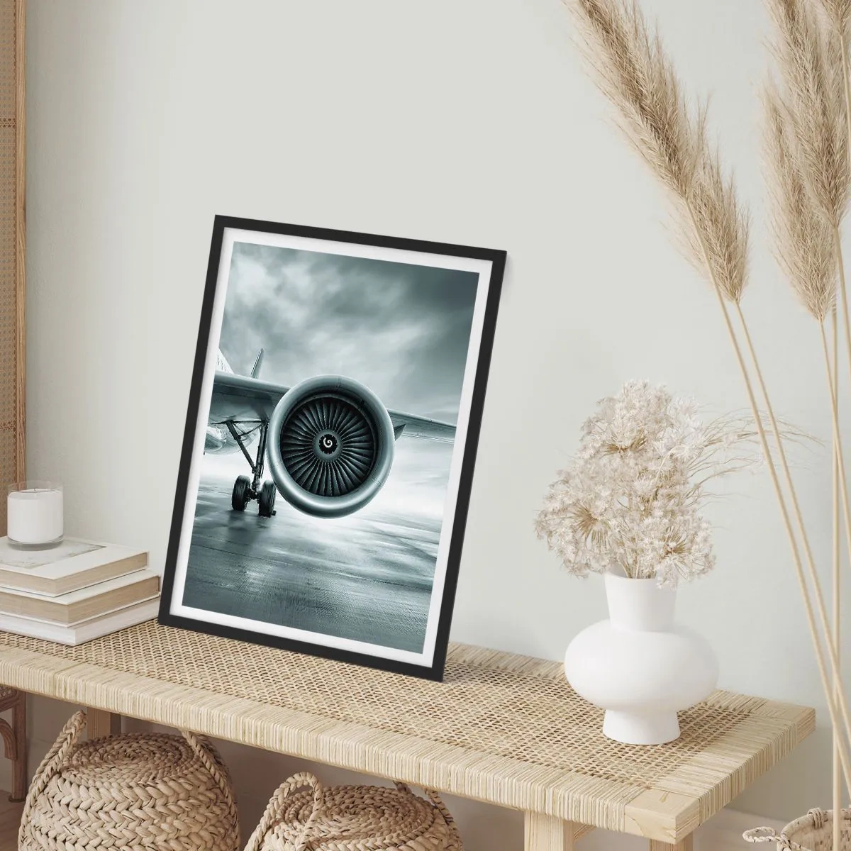 Pôster com moldura preta - Um motor a jato de avião em tons monocromáticos - 50x70cm - Há poder! - Decoração de parede moderna para a sala de estar e quarto ARTTOR