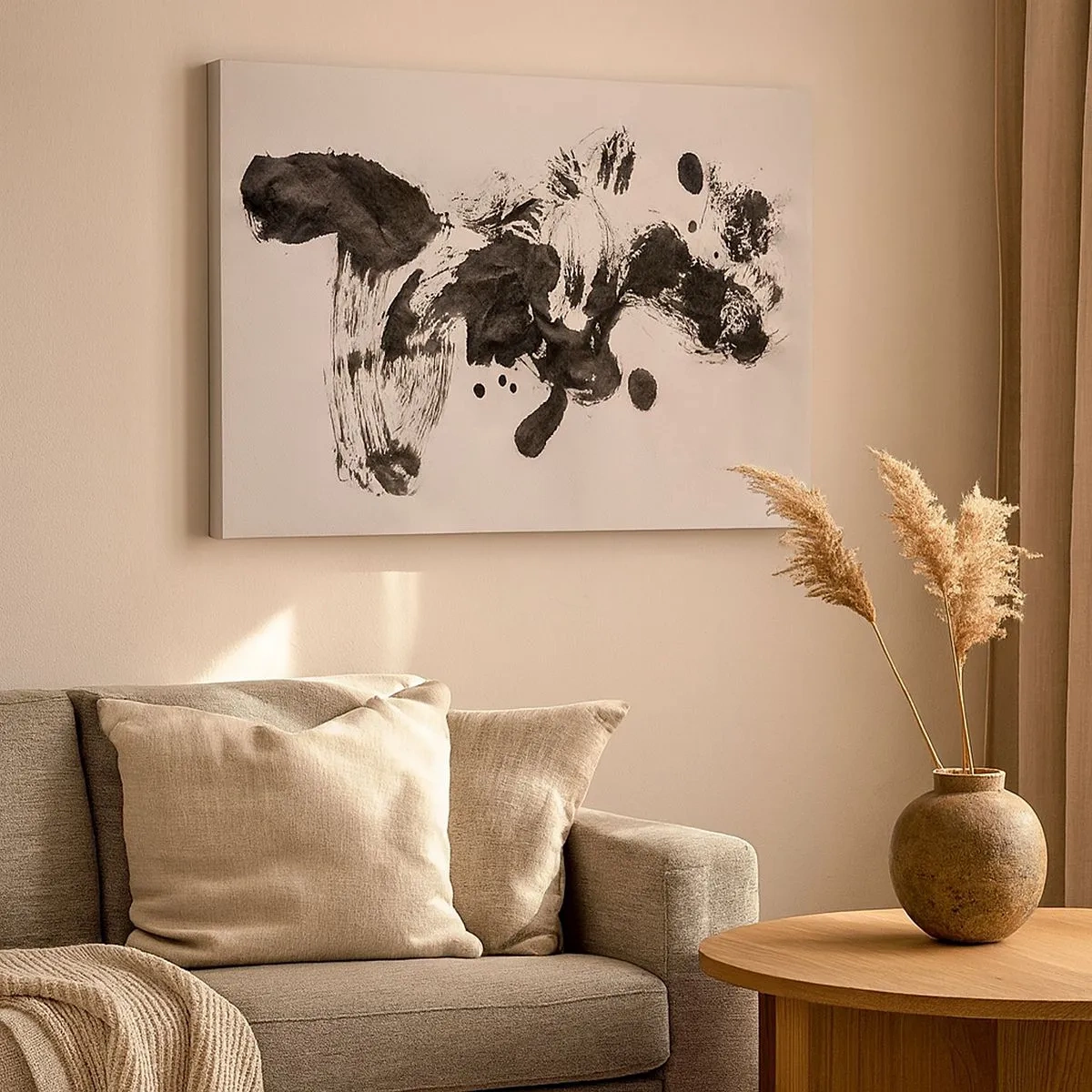 Quadro em tela - Composição abstrata de manchas pretas em um fundo branco - 70x50cm - Existe um método para a loucura? - Decoração de parede moderna para a sala de estar e quarto ARTTOR
