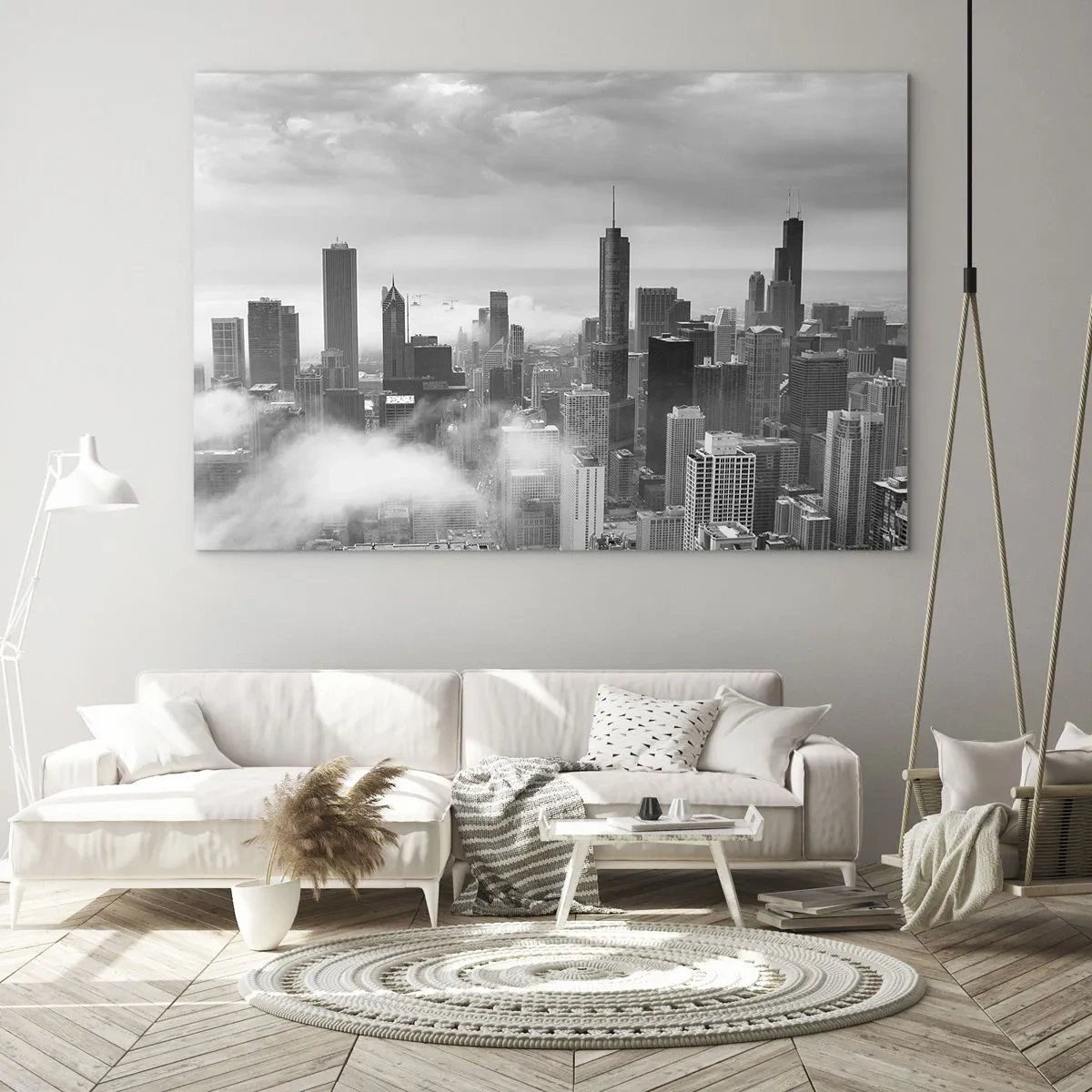 Quadro em vidro - Panorama da cidade com arranha-céus em preto e branco - 70x50cm - Paisagem americana - Decoração de parede moderna para a sala de estar e quarto ARTTOR