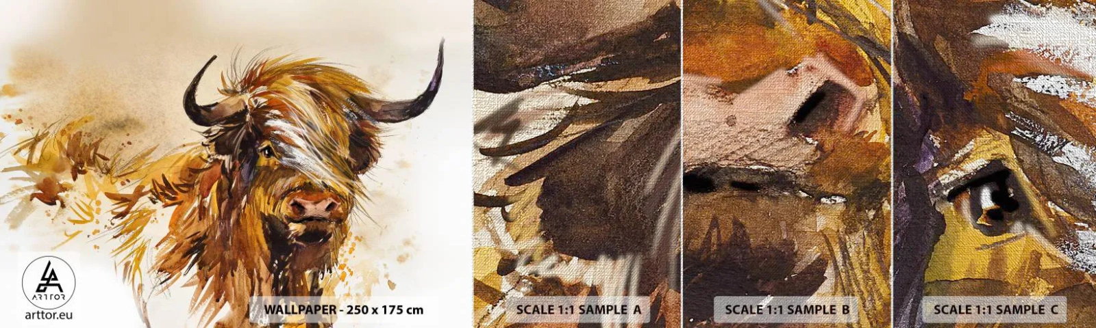 Amostra de papel de parede Premium Canvas - Orgulho do caçador - Animais, Abstração, Búfalo Escocês - 100x30 cm