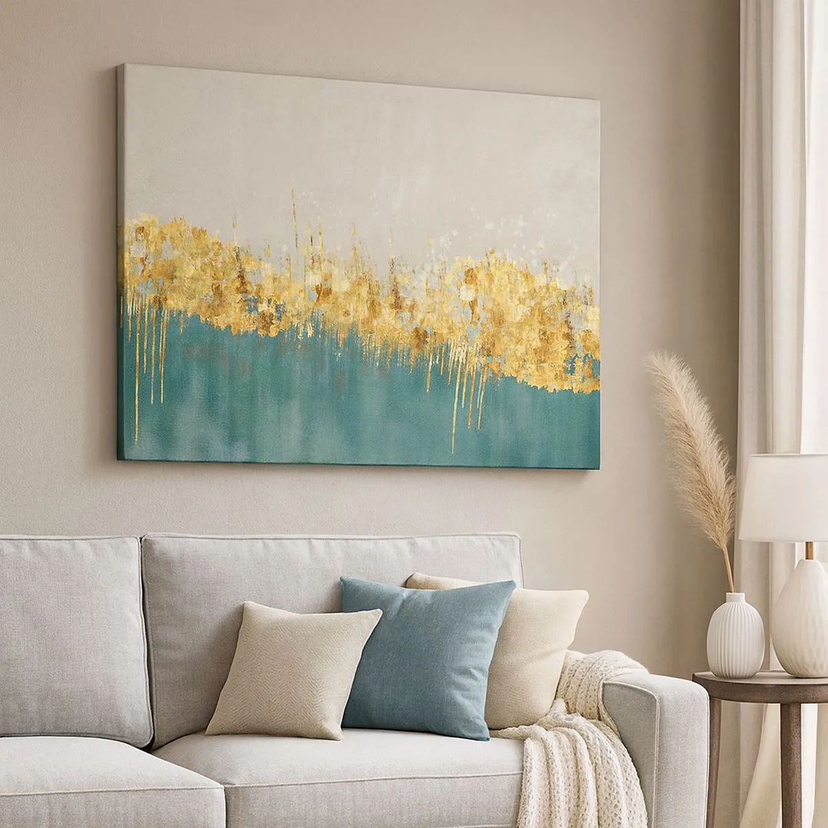 Quadro em tela - Detalhes dourados em fundo verde-bege - 70x50cm - A fronteira dourada - Decoração de parede moderna para a sala de estar e quarto ARTTOR