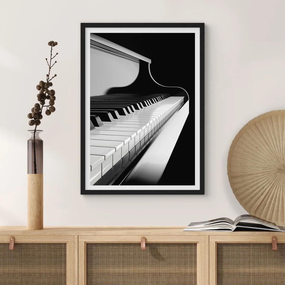 Pôster com moldura preta - Close-up em preto e branco de um teclado de piano - 50x70cm - Harmonia de formas e cores - Decoração de parede moderna para a sala de estar e quarto ARTTOR