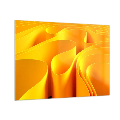 Quadro em vidro - Ondas abstratas em tons de dourado e laranja - 70x50cm - Como as ondas do sol - Decoração de parede moderna para a sala de estar e quarto ARTTOR