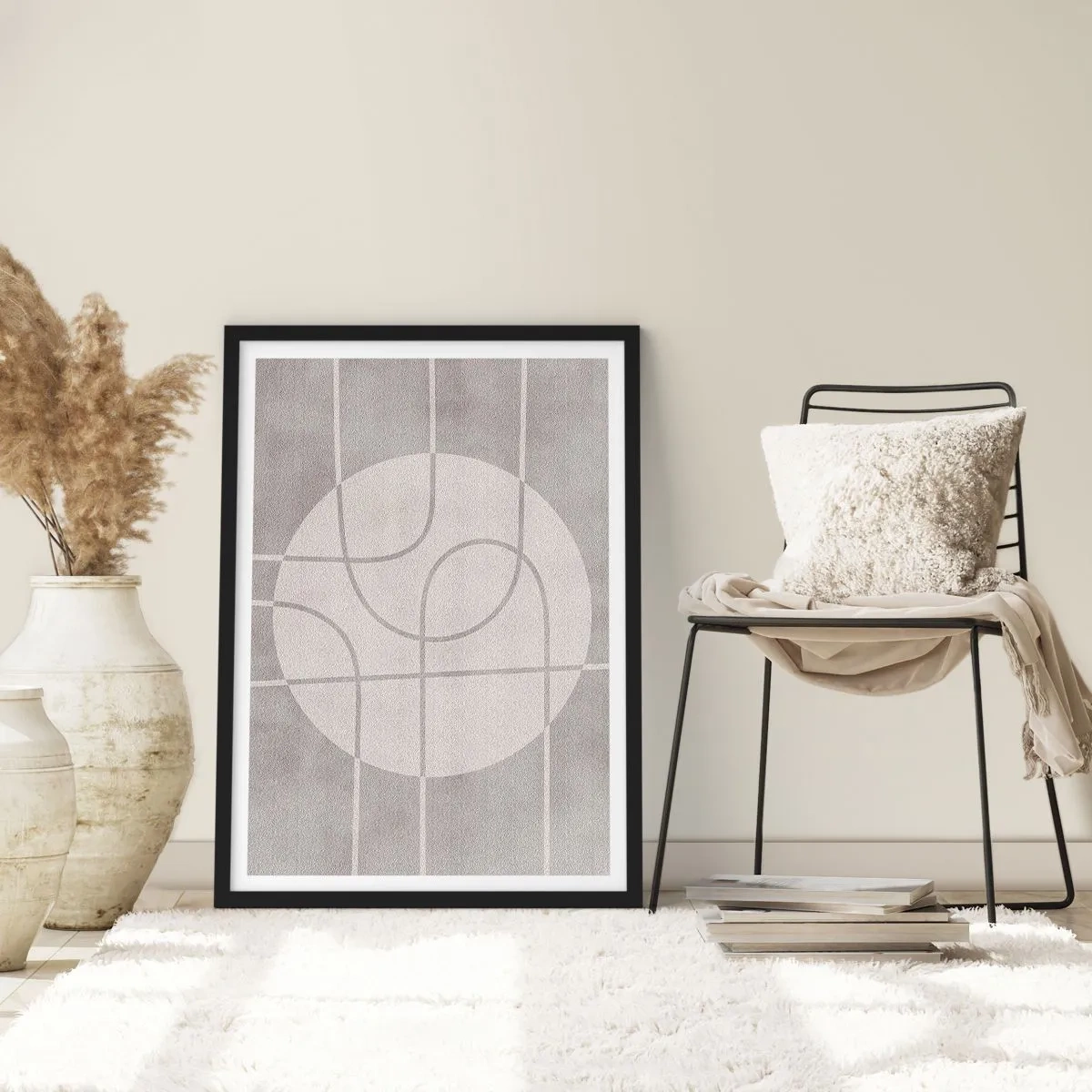 Pôster com moldura preta - Linhas geométricas e um círculo em tons de cinza - 50x70cm - Circular e direto - Decoração de parede moderna para a sala de estar e quarto ARTTOR