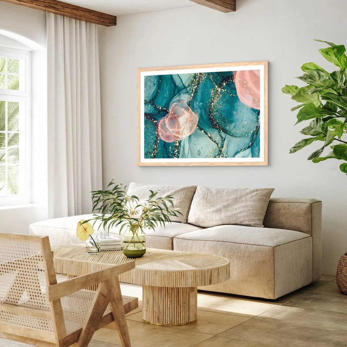 Pôster com moldura de carvalho claro - Azul seda, rosa tule - 100x70 cm