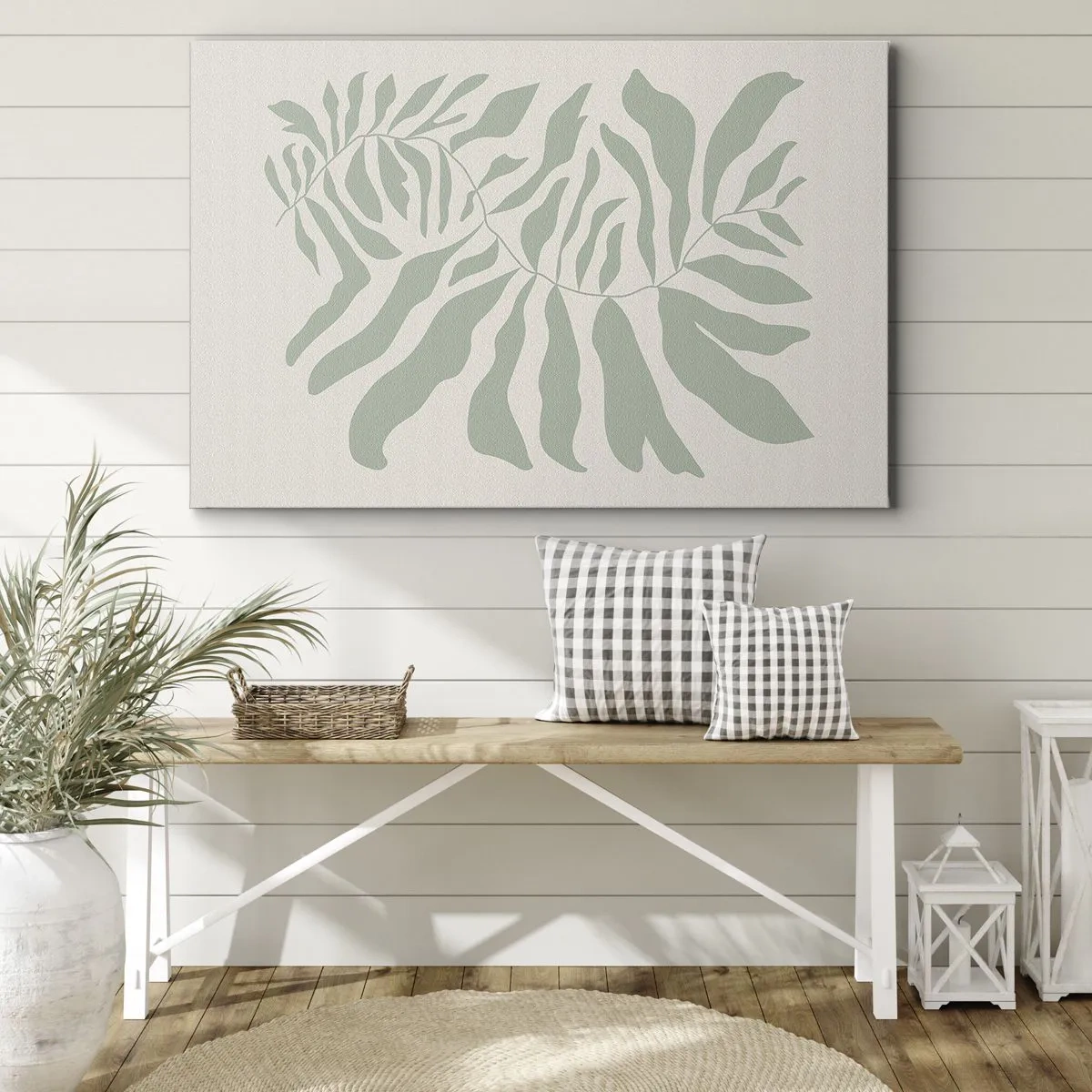 Quadro em tela - Um delicado padrão de galhos com folhas em um tom de verde esmeralda - 70x50cm - Galho esmeralda - Decoração de parede moderna para a sala de estar e quarto ARTTOR