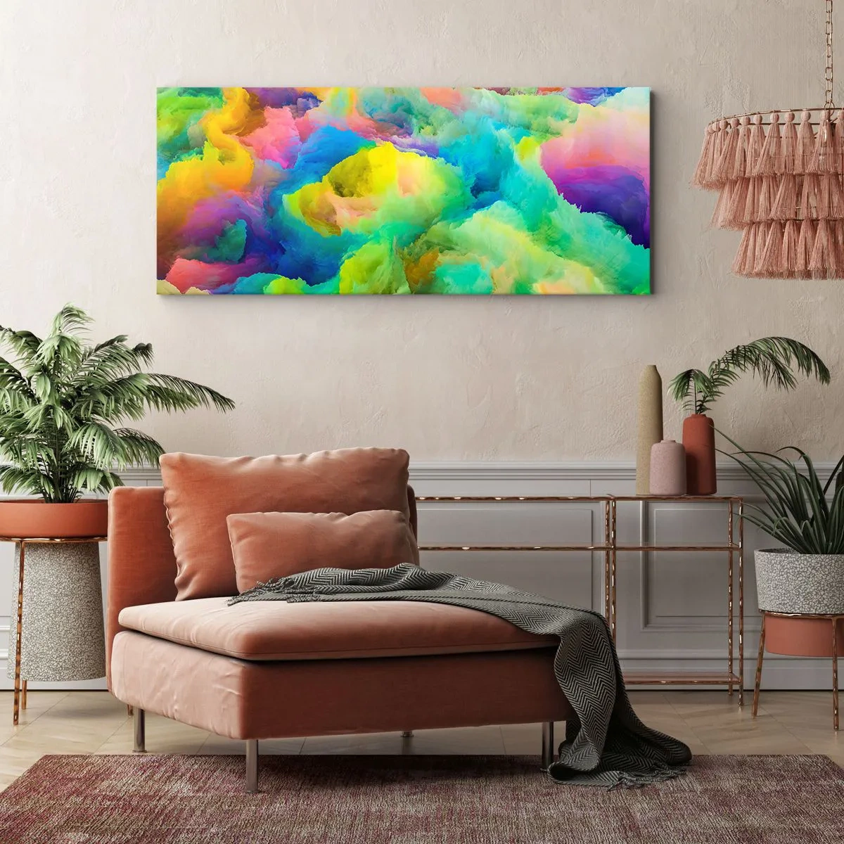 Quadro em tela - Penugem arco-íris - 90x30 cm